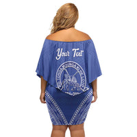 Queen Salote College 100 Years Personalized Off Shoulder Short Dress Tonga QSC Heilala Lei Blue Ngatu Pattern LT14 - Polynesian Pride