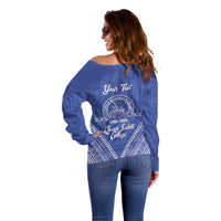 Queen Salote College 100 Years Personalized Off Shoulder Sweater Tonga QSC Heilala Lei Blue Ngatu Pattern LT14 - Polynesian Pride