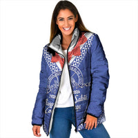 Queen Salote College 100 Years Personalized Padded Jacket Tonga QSC Heilala Lei Blue Ngatu Pattern LT14 Women Blue - Polynesian Pride