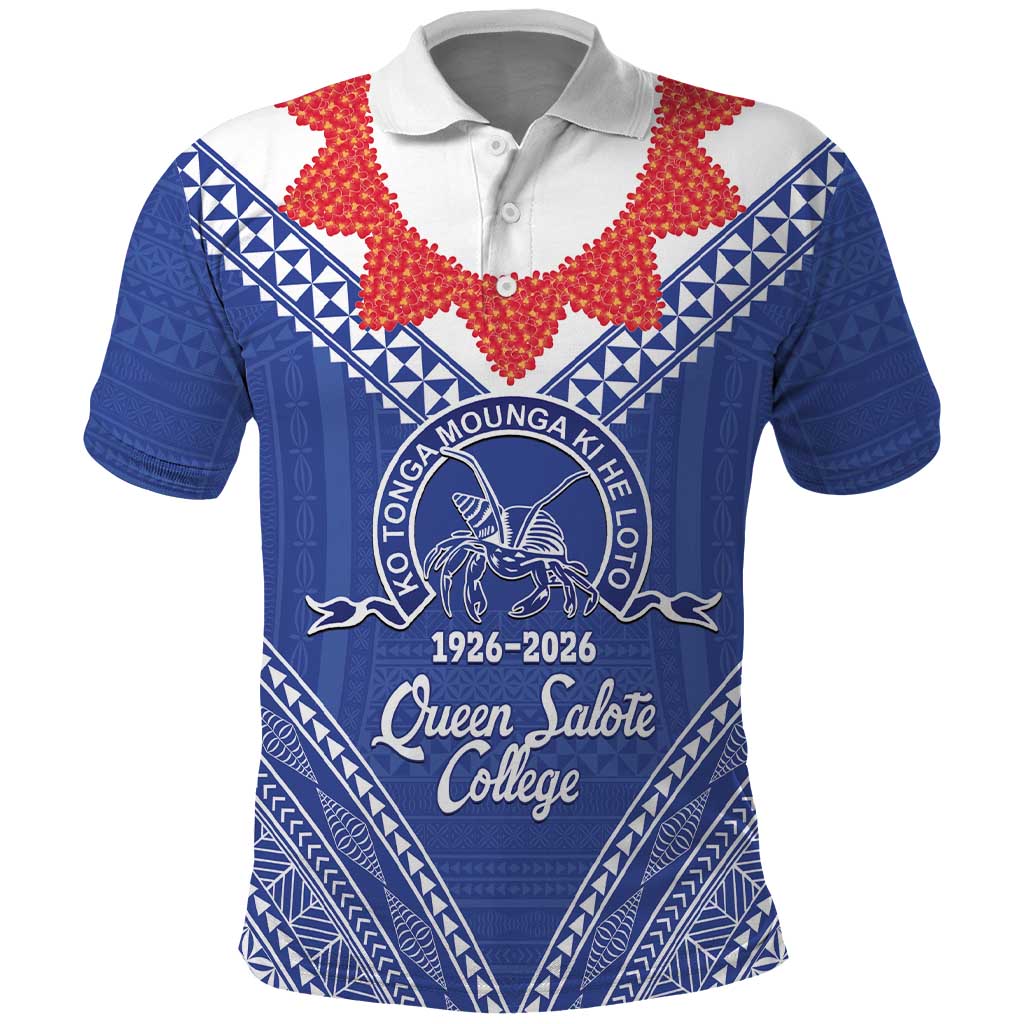 Queen Salote College 100 Years Personalized Polo Shirt Tonga QSC Heilala Lei Blue Ngatu Pattern LT14 Blue - Polynesian Pride