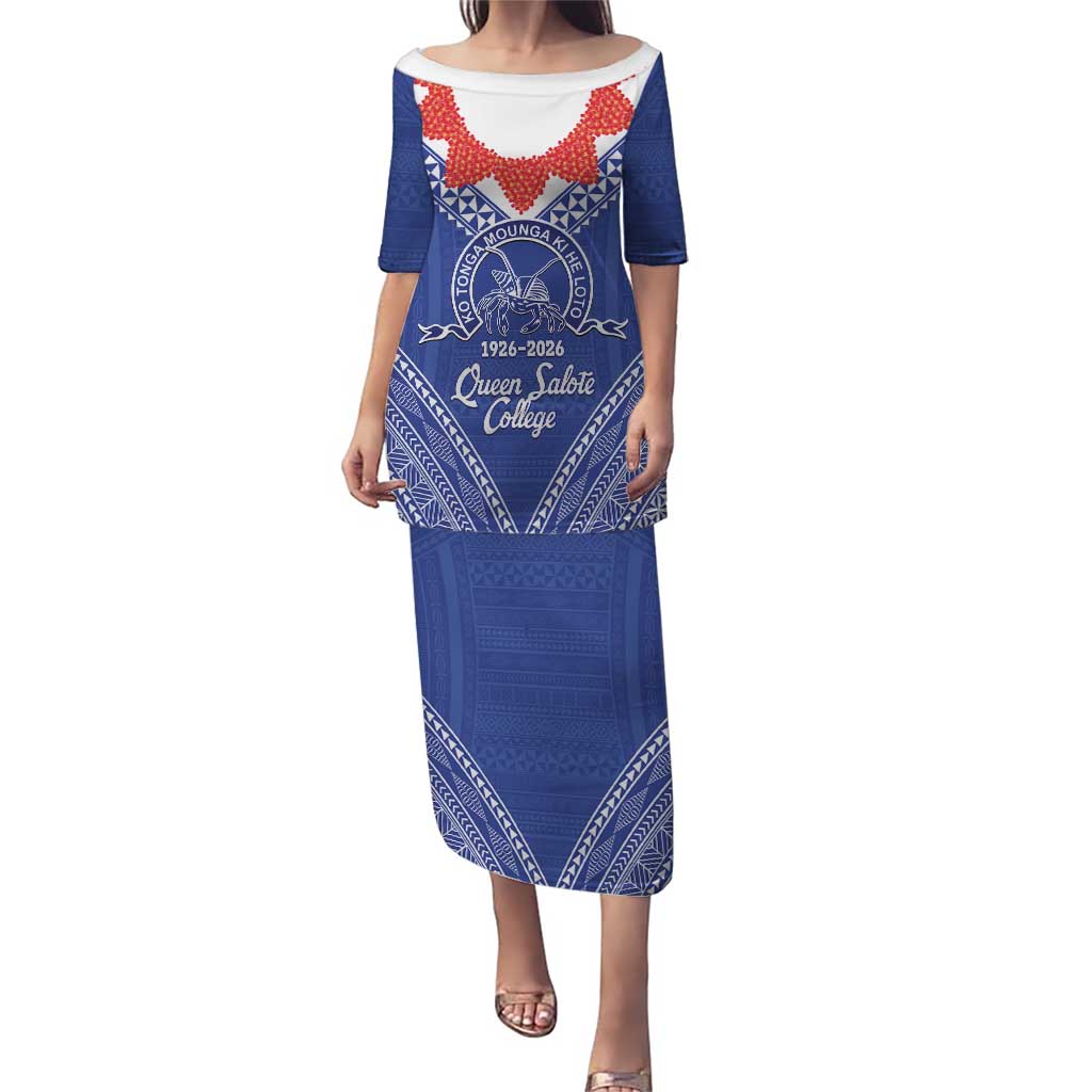 Queen Salote College 100 Years Personalized Puletasi Tonga QSC Heilala Lei Blue Ngatu Pattern LT14 Long Dress Blue - Polynesian Pride