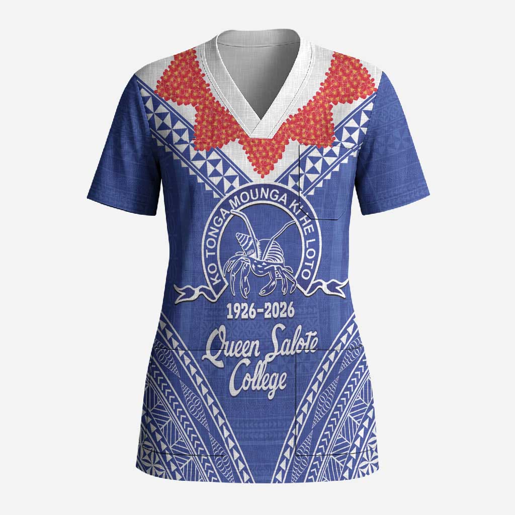 Queen Salote College 100 Years Personalized Scrub Top Tonga QSC Heilala Lei Blue Ngatu Pattern LT14 Adult Blue - Polynesian Pride