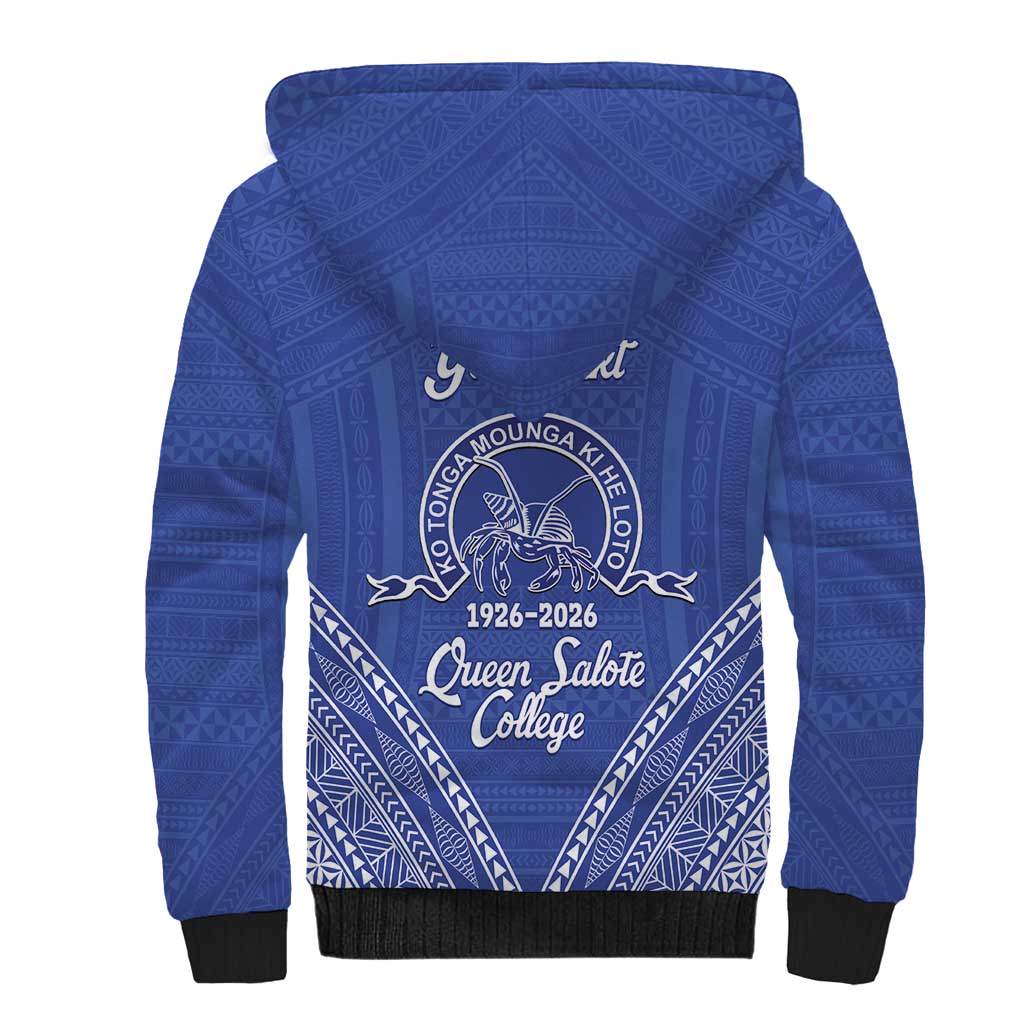 Queen Salote College 100 Years Personalized Sherpa Hoodie Tonga QSC Heilala Lei Blue Ngatu Pattern LT14 - Polynesian Pride