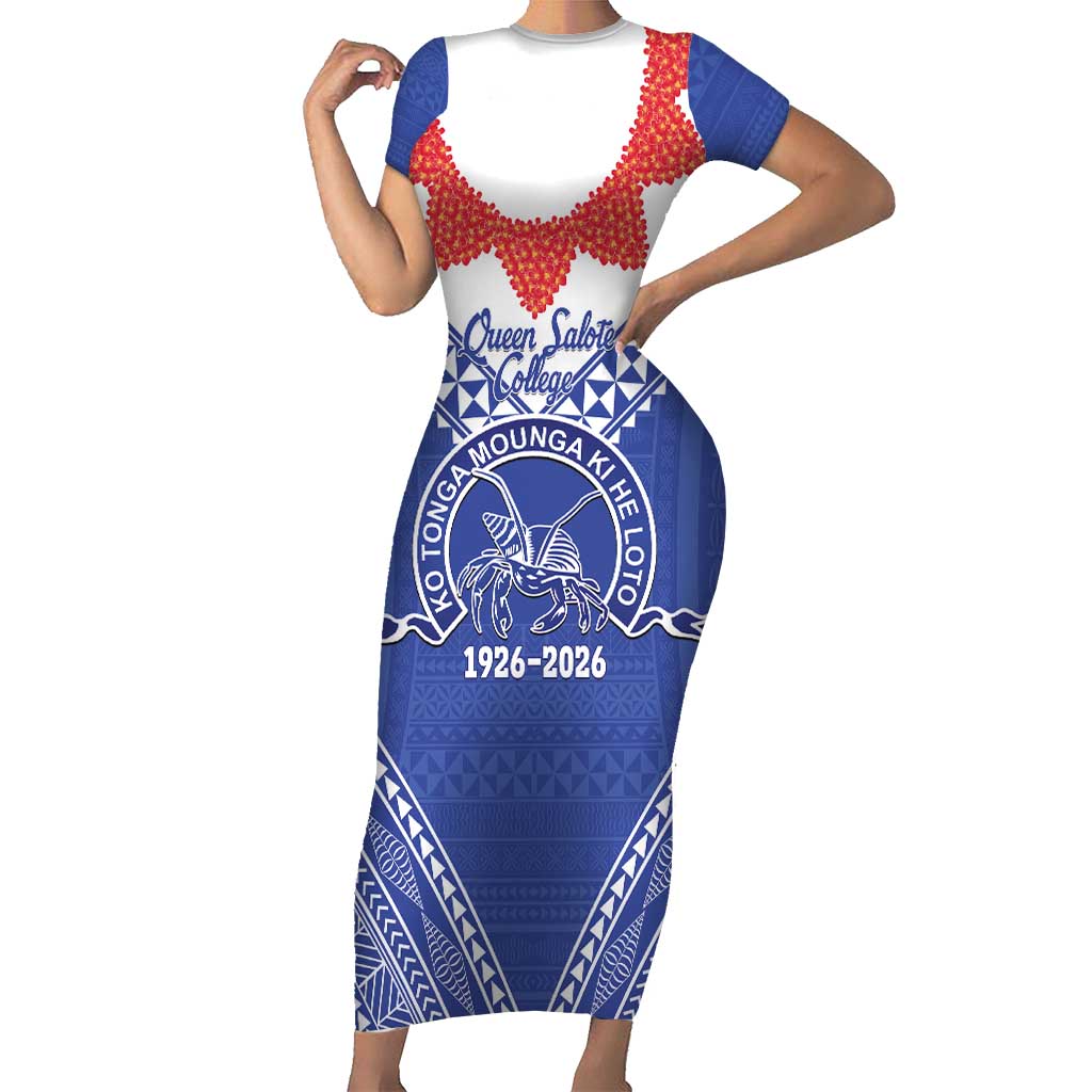 Queen Salote College 100 Years Personalized Short Sleeve Bodycon Dress Tonga QSC Heilala Lei Blue Ngatu Pattern LT14 Long Dress Blue - Polynesian Pride