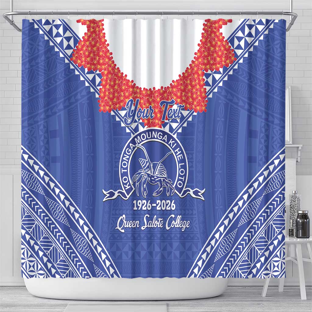 Queen Salote College 100 Years Personalized Shower Curtain Tonga QSC Heilala Lei Blue Ngatu Pattern LT14 - Polynesian Pride