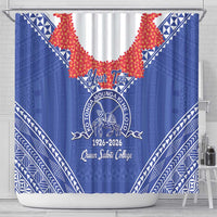 Queen Salote College 100 Years Personalized Shower Curtain Tonga QSC Heilala Lei Blue Ngatu Pattern LT14 - Polynesian Pride