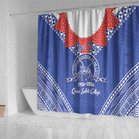 Queen Salote College 100 Years Personalized Shower Curtain Tonga QSC Heilala Lei Blue Ngatu Pattern LT14 - Polynesian Pride