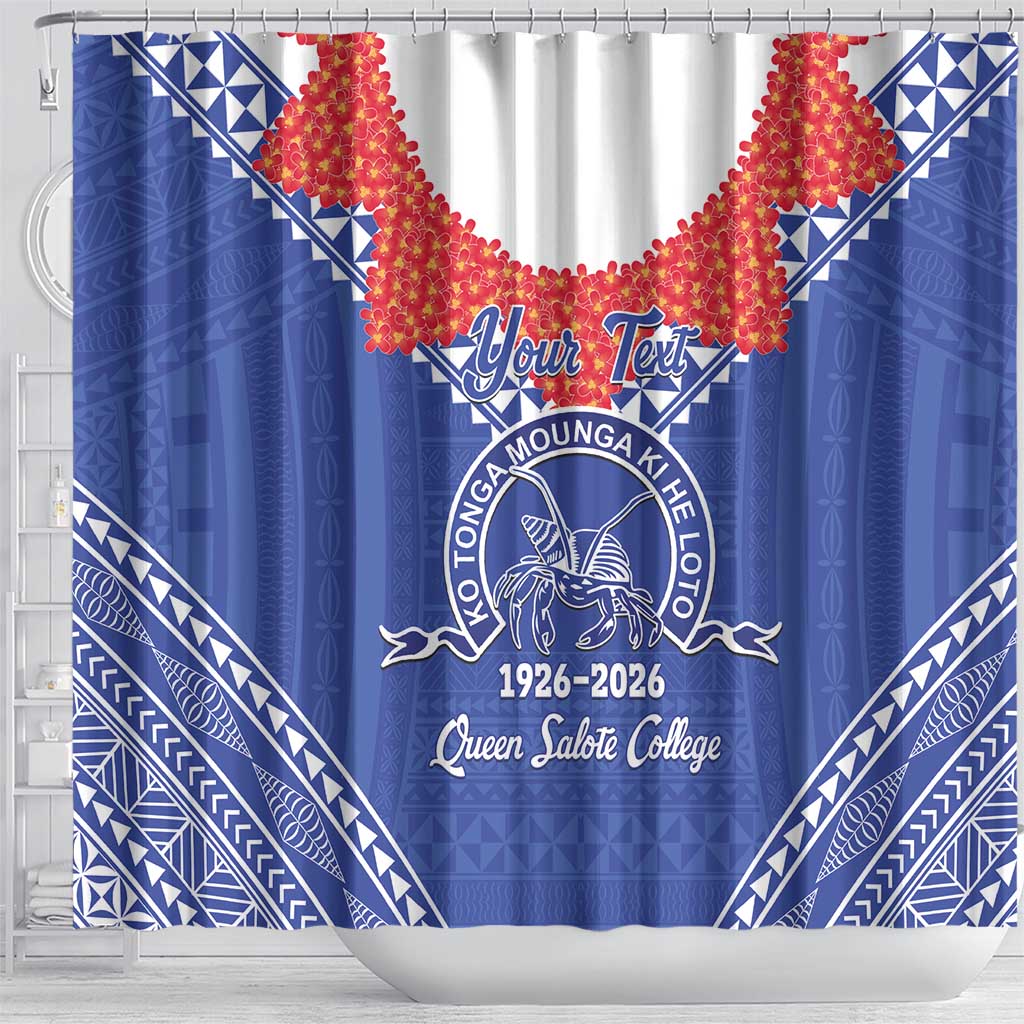 Queen Salote College 100 Years Personalized Shower Curtain Tonga QSC Heilala Lei Blue Ngatu Pattern LT14 - Polynesian Pride