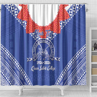 Queen Salote College 100 Years Personalized Shower Curtain Tonga QSC Heilala Lei Blue Ngatu Pattern LT14 - Polynesian Pride