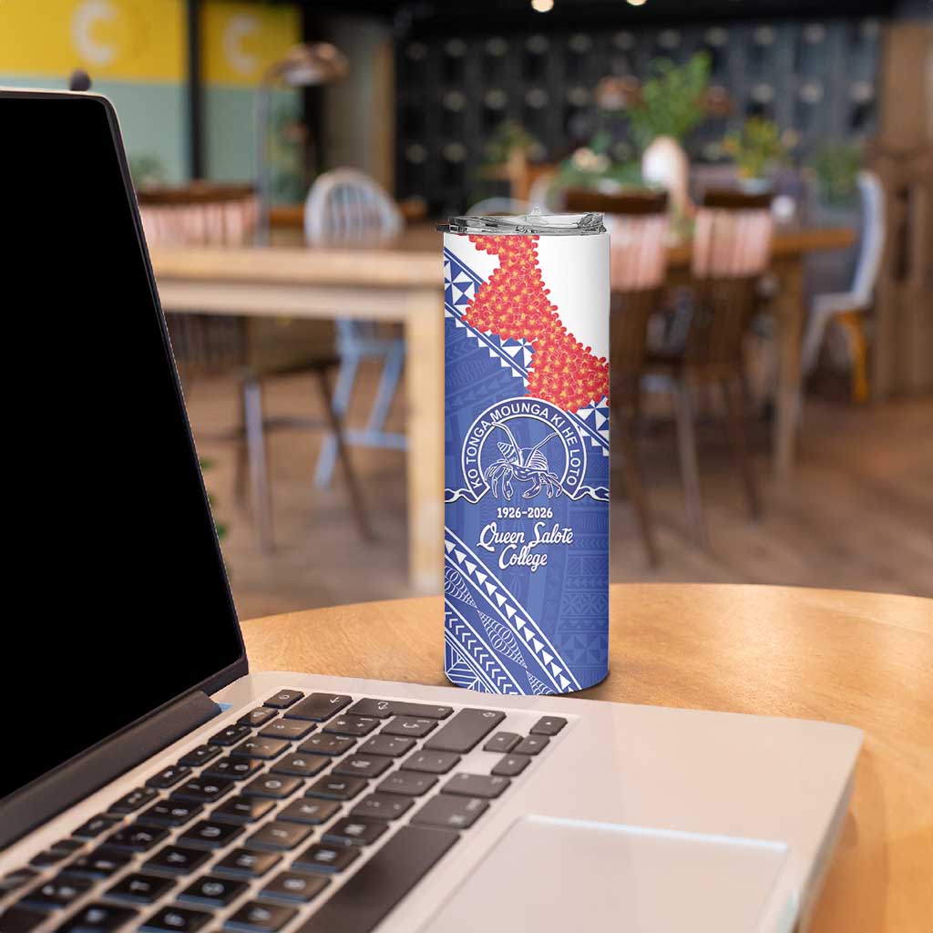 Queen Salote College 100 Years Personalized Skinny Tumbler Tonga QSC Heilala Lei Blue Ngatu Pattern