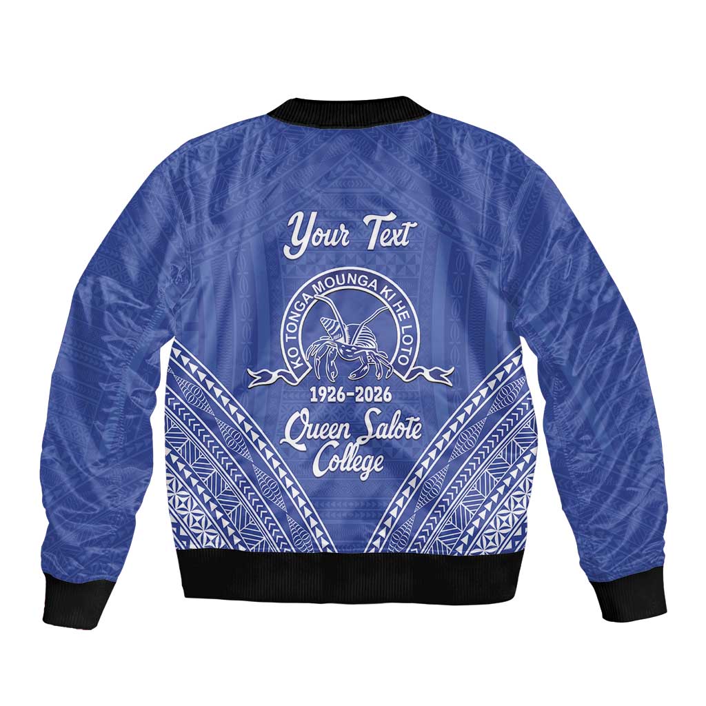 Queen Salote College 100 Years Personalized Sleeve Zip Bomber Jacket Tonga QSC Heilala Lei Blue Ngatu Pattern LT14 - Polynesian Pride