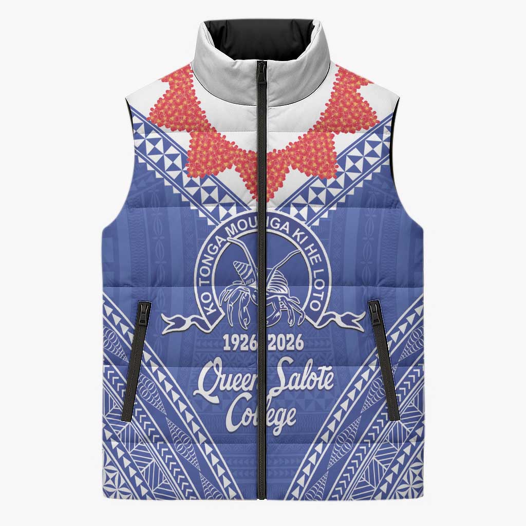 Queen Salote College 100 Years Personalized Sleeveless Puffer Jacket Tonga QSC Heilala Lei Blue Ngatu Pattern LT14 Unisex Blue - Polynesian Pride