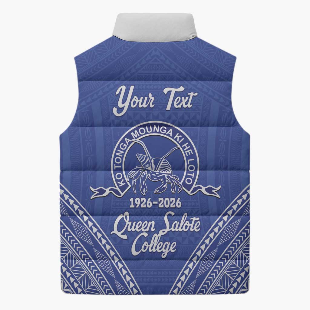 Queen Salote College 100 Years Personalized Sleeveless Puffer Jacket Tonga QSC Heilala Lei Blue Ngatu Pattern LT14 - Polynesian Pride