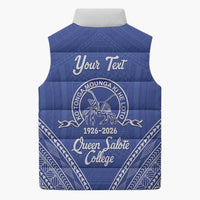 Queen Salote College 100 Years Personalized Sleeveless Puffer Jacket Tonga QSC Heilala Lei Blue Ngatu Pattern LT14 - Polynesian Pride