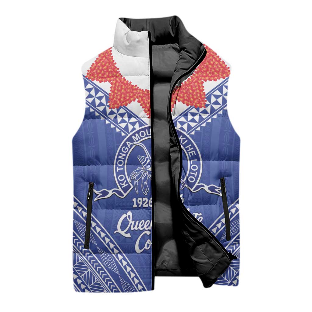 Queen Salote College 100 Years Personalized Sleeveless Puffer Jacket Tonga QSC Heilala Lei Blue Ngatu Pattern LT14 - Polynesian Pride