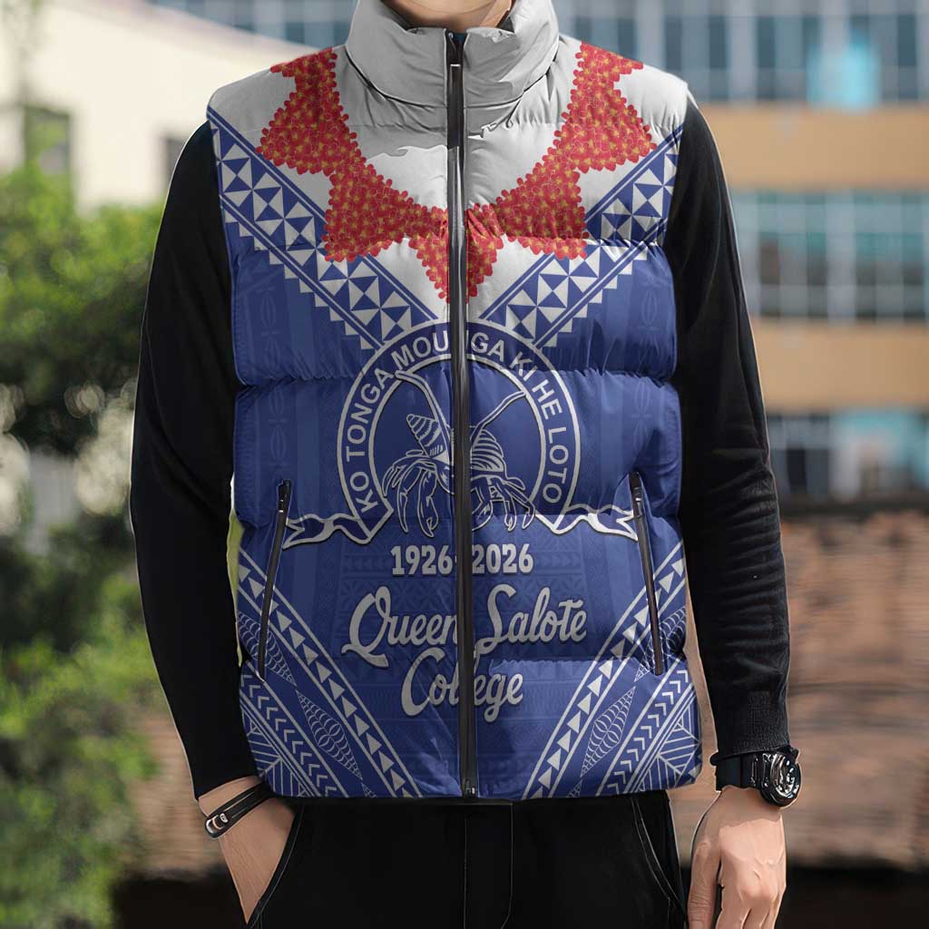 Queen Salote College 100 Years Personalized Sleeveless Puffer Jacket Tonga QSC Heilala Lei Blue Ngatu Pattern LT14 - Polynesian Pride