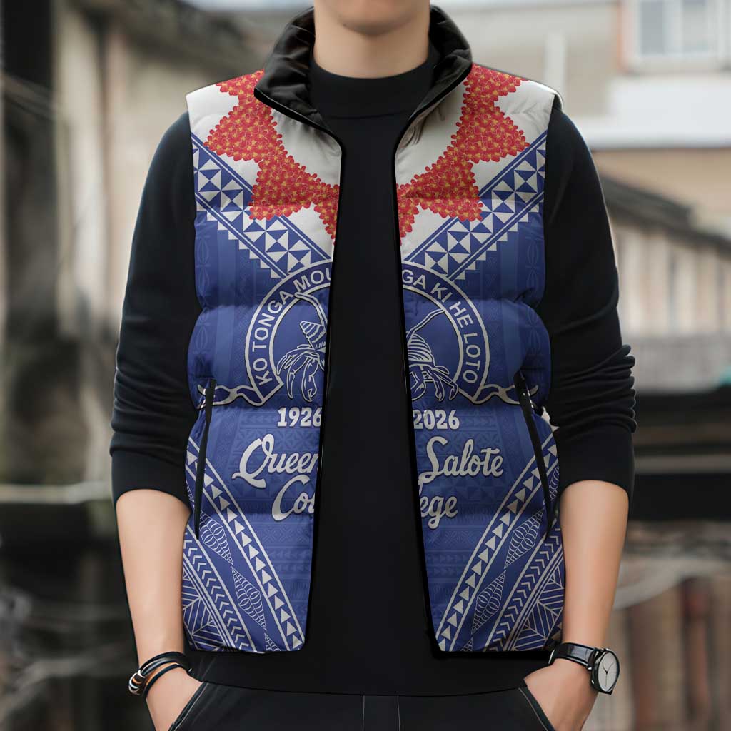 Queen Salote College 100 Years Personalized Sleeveless Puffer Jacket Tonga QSC Heilala Lei Blue Ngatu Pattern LT14 - Polynesian Pride
