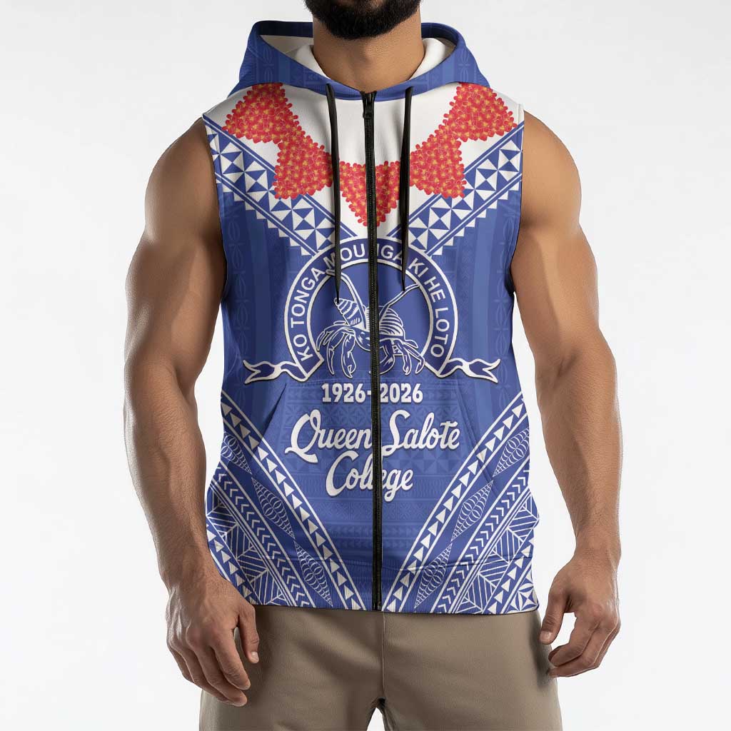 Queen Salote College 100 Years Personalized Sleeveless Zip Hoodie Tonga QSC Heilala Lei Blue Ngatu Pattern LT14 - Polynesian Pride