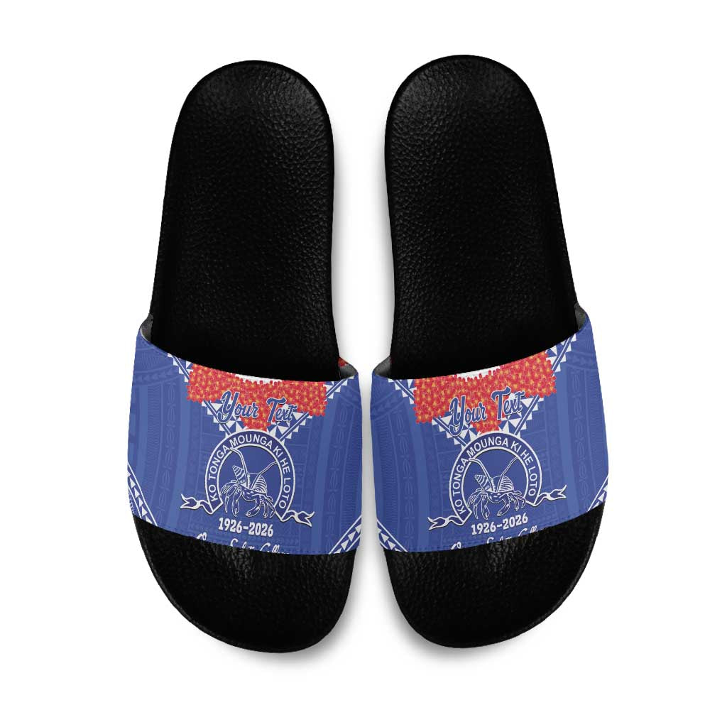 Queen Salote College 100 Years Personalized Slide Sandals Tonga QSC Heilala Lei Blue Ngatu Pattern LT14 Blue - Polynesian Pride