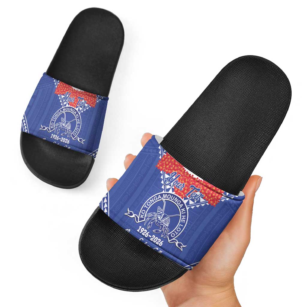 Queen Salote College 100 Years Personalized Slide Sandals Tonga QSC Heilala Lei Blue Ngatu Pattern LT14 - Polynesian Pride