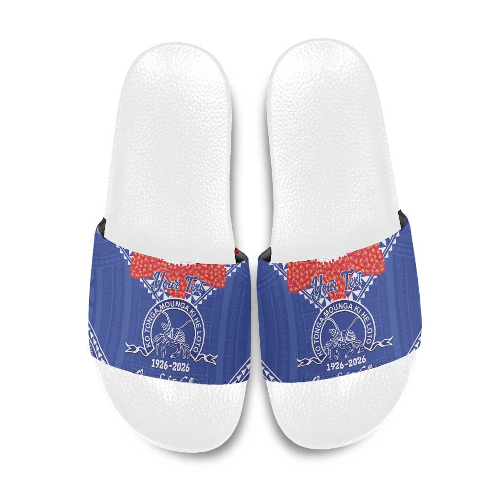 Queen Salote College 100 Years Personalized Slide Sandals Tonga QSC Heilala Lei Blue Ngatu Pattern LT14 Blue - Polynesian Pride