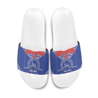 Queen Salote College 100 Years Personalized Slide Sandals Tonga QSC Heilala Lei Blue Ngatu Pattern LT14 Blue - Polynesian Pride