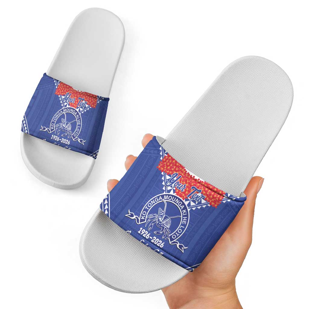 Queen Salote College 100 Years Personalized Slide Sandals Tonga QSC Heilala Lei Blue Ngatu Pattern LT14 - Polynesian Pride