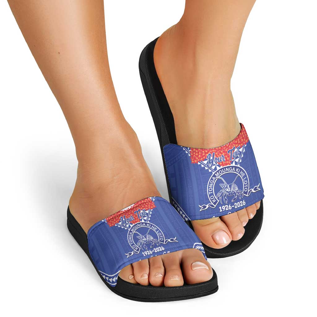 Queen Salote College 100 Years Personalized Slide Sandals Tonga QSC Heilala Lei Blue Ngatu Pattern LT14 - Polynesian Pride