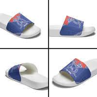 Queen Salote College 100 Years Personalized Slide Sandals Tonga QSC Heilala Lei Blue Ngatu Pattern LT14 - Polynesian Pride