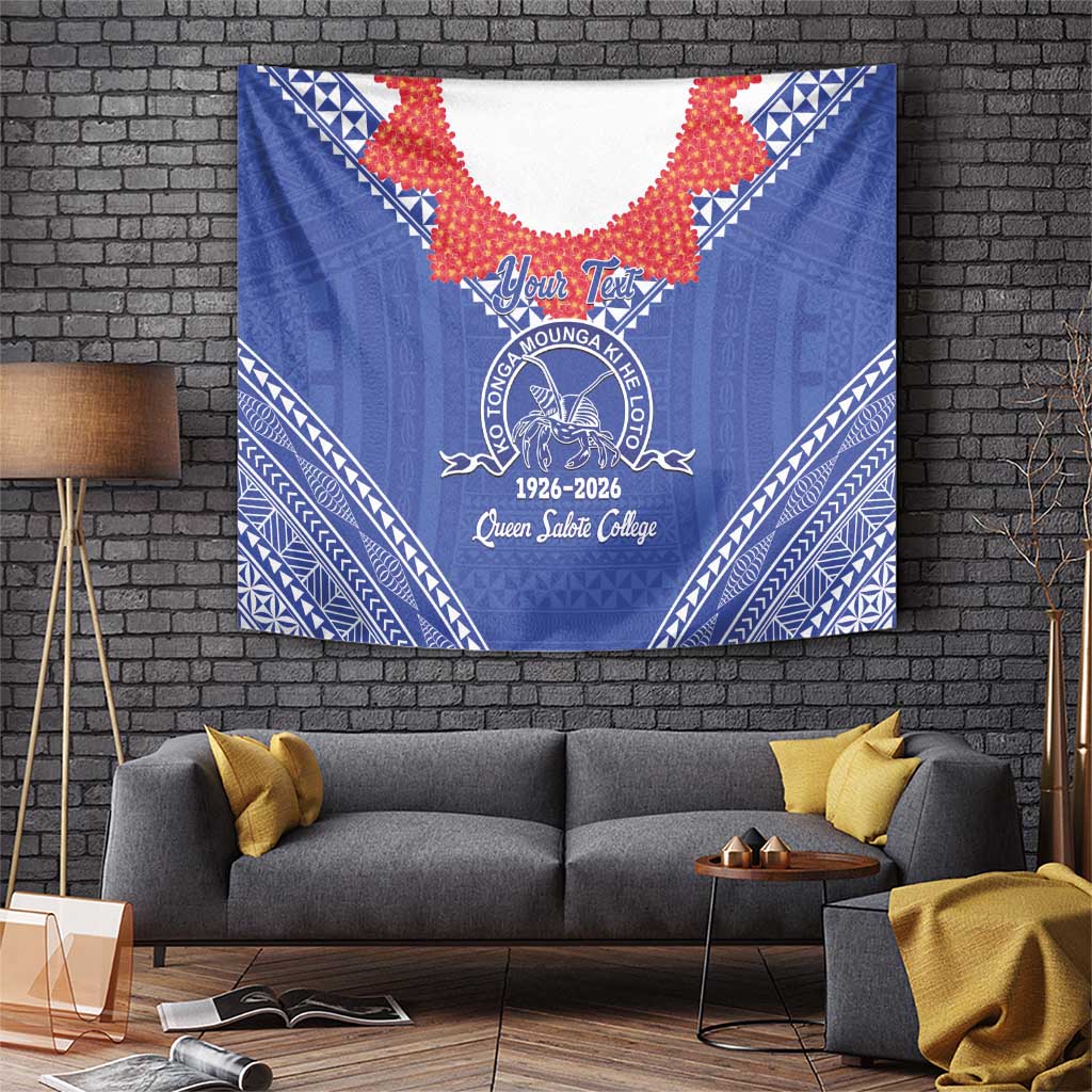 Queen Salote College 100 Years Personalized Tapestry Tonga QSC Heilala Lei Blue Ngatu Pattern LT14 Blue - Polynesian Pride