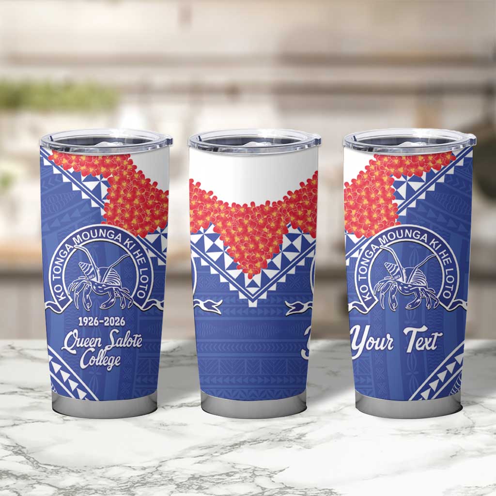 Queen Salote College 100 Years Personalized Tumbler Cup Tonga QSC Heilala Lei Blue Ngatu Pattern LT14 - Polynesian Pride