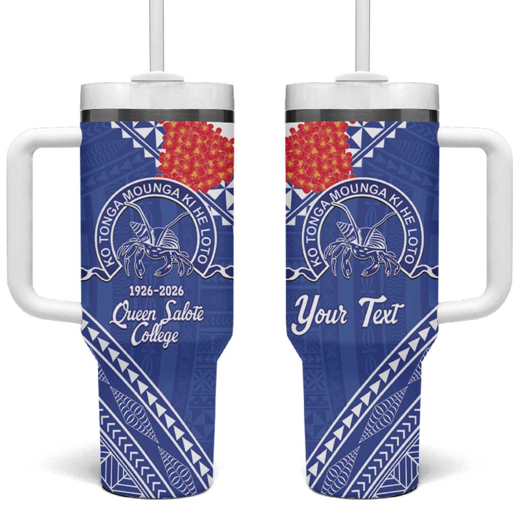 Queen Salote College 100 Years Personalized Tumbler With Handle Tonga QSC Heilala Lei Blue Ngatu Pattern LT14 One Size: 40 oz Blue - Polynesian Pride
