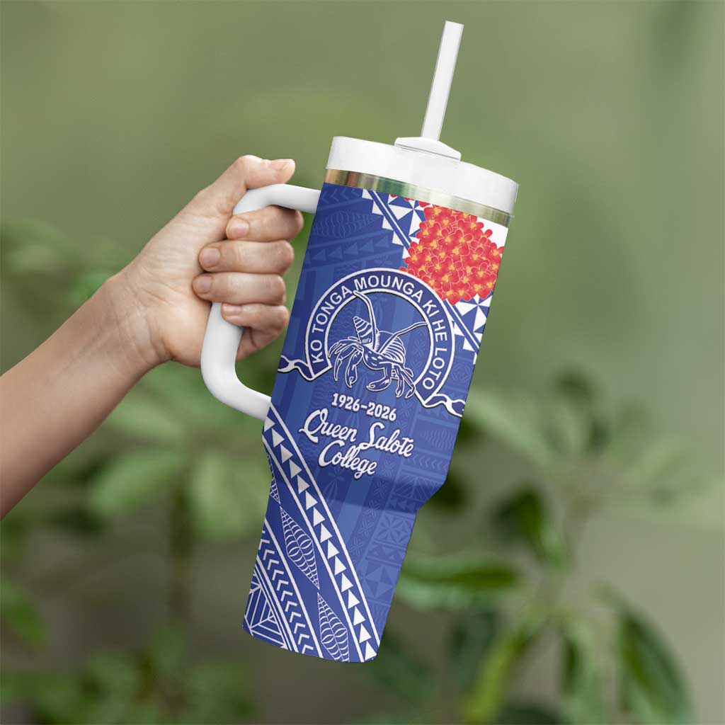 Queen Salote College 100 Years Personalized Tumbler With Handle Tonga QSC Heilala Lei Blue Ngatu Pattern LT14 - Polynesian Pride