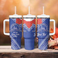 Queen Salote College 100 Years Personalized Tumbler With Handle Tonga QSC Heilala Lei Blue Ngatu Pattern LT14 - Polynesian Pride