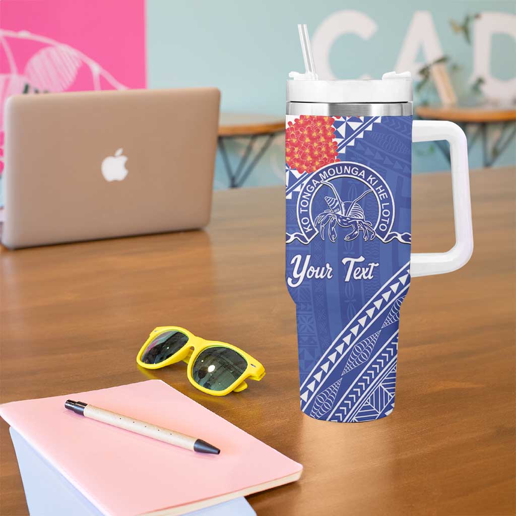 Queen Salote College 100 Years Personalized Tumbler With Handle Tonga QSC Heilala Lei Blue Ngatu Pattern LT14 - Polynesian Pride