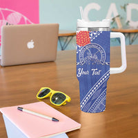 Queen Salote College 100 Years Personalized Tumbler With Handle Tonga QSC Heilala Lei Blue Ngatu Pattern LT14 - Polynesian Pride