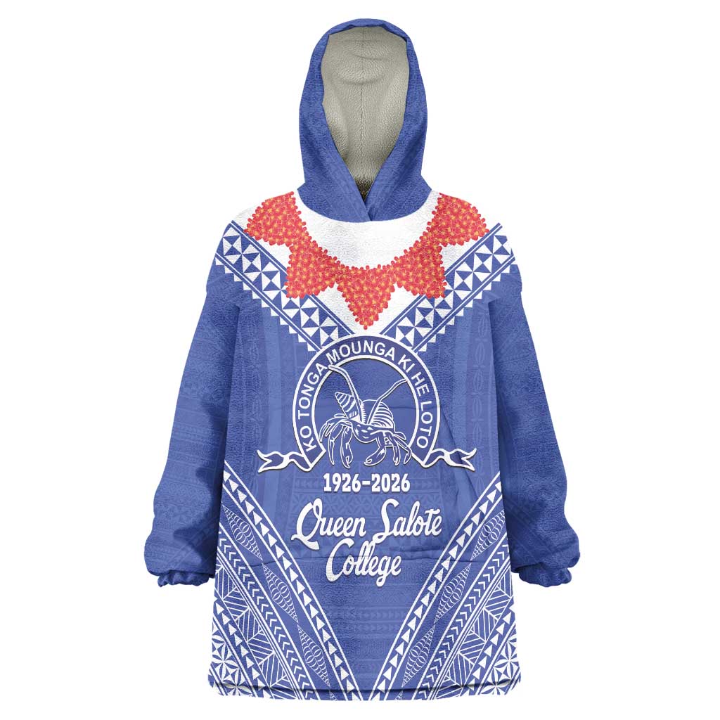 Queen Salote College 100 Years Personalized Wearable Blanket Hoodie Tonga QSC Heilala Lei Blue Ngatu Pattern LT14 One Size Blue - Polynesian Pride