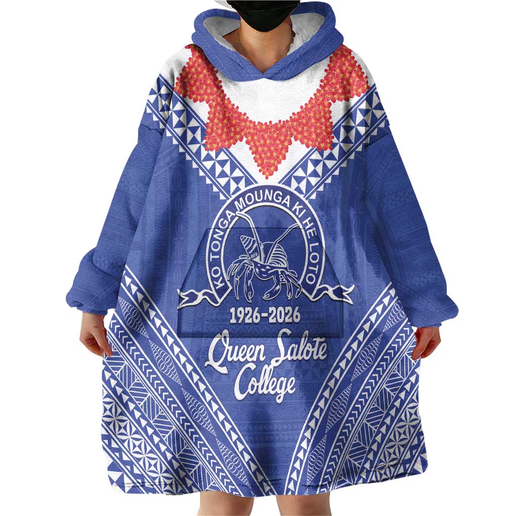 Queen Salote College 100 Years Personalized Wearable Blanket Hoodie Tonga QSC Heilala Lei Blue Ngatu Pattern LT14 - Polynesian Pride