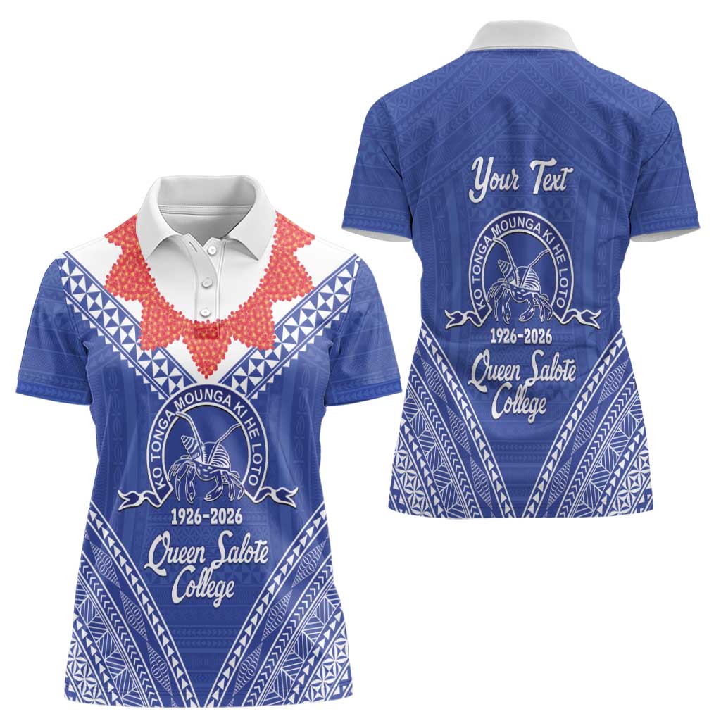 Queen Salote College 100 Years Personalized Women Polo Shirt Tonga QSC Heilala Lei Blue Ngatu Pattern