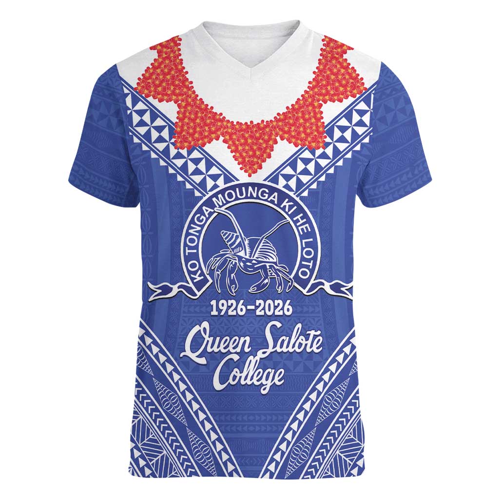 Queen Salote College 100 Years Personalized Women V-Neck T-Shirt Tonga QSC Heilala Lei Blue Ngatu Pattern LT14 Female Blue - Polynesian Pride