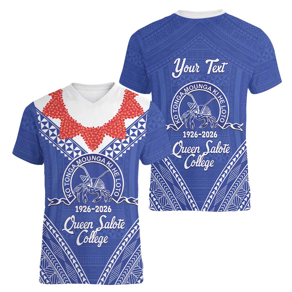 Queen Salote College 100 Years Personalized Women V-Neck T-Shirt Tonga QSC Heilala Lei Blue Ngatu Pattern LT14 - Polynesian Pride