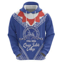 Queen Salote College 100 Years Personalized Zip Hoodie Tonga QSC Heilala Lei Blue Ngatu Pattern LT14 - Polynesian Pride
