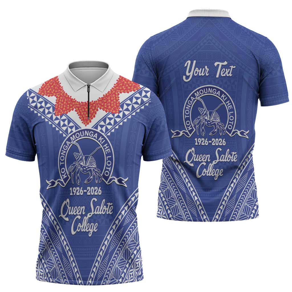 Queen Salote College 100 Years Personalized Zipper Polo Shirt Tonga QSC Heilala Lei Blue Ngatu Pattern LT14 - Polynesian Pride