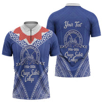 Queen Salote College 100 Years Personalized Zipper Polo Shirt Tonga QSC Heilala Lei Blue Ngatu Pattern LT14 - Polynesian Pride