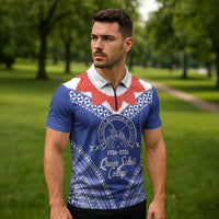 Queen Salote College 100 Years Personalized Zipper Polo Shirt Tonga QSC Heilala Lei Blue Ngatu Pattern LT14 - Polynesian Pride