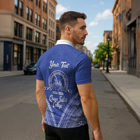 Queen Salote College 100 Years Personalized Zipper Polo Shirt Tonga QSC Heilala Lei Blue Ngatu Pattern LT14 - Polynesian Pride