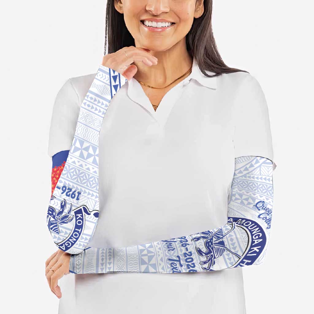 Queen Salote College 100 Years Personalized Arm Sleeves Tonga QSC Heilala Lei White Ngatu Pattern LT14 - Polynesian Pride