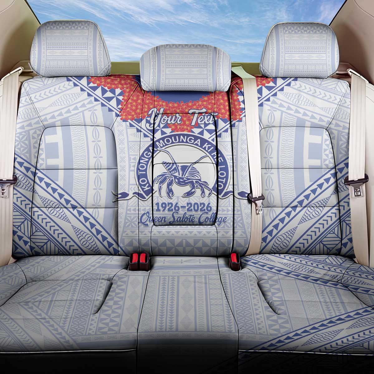 Queen Salote College 100 Years Personalized Back Car Seat Cover Tonga QSC Heilala Lei White Ngatu Pattern