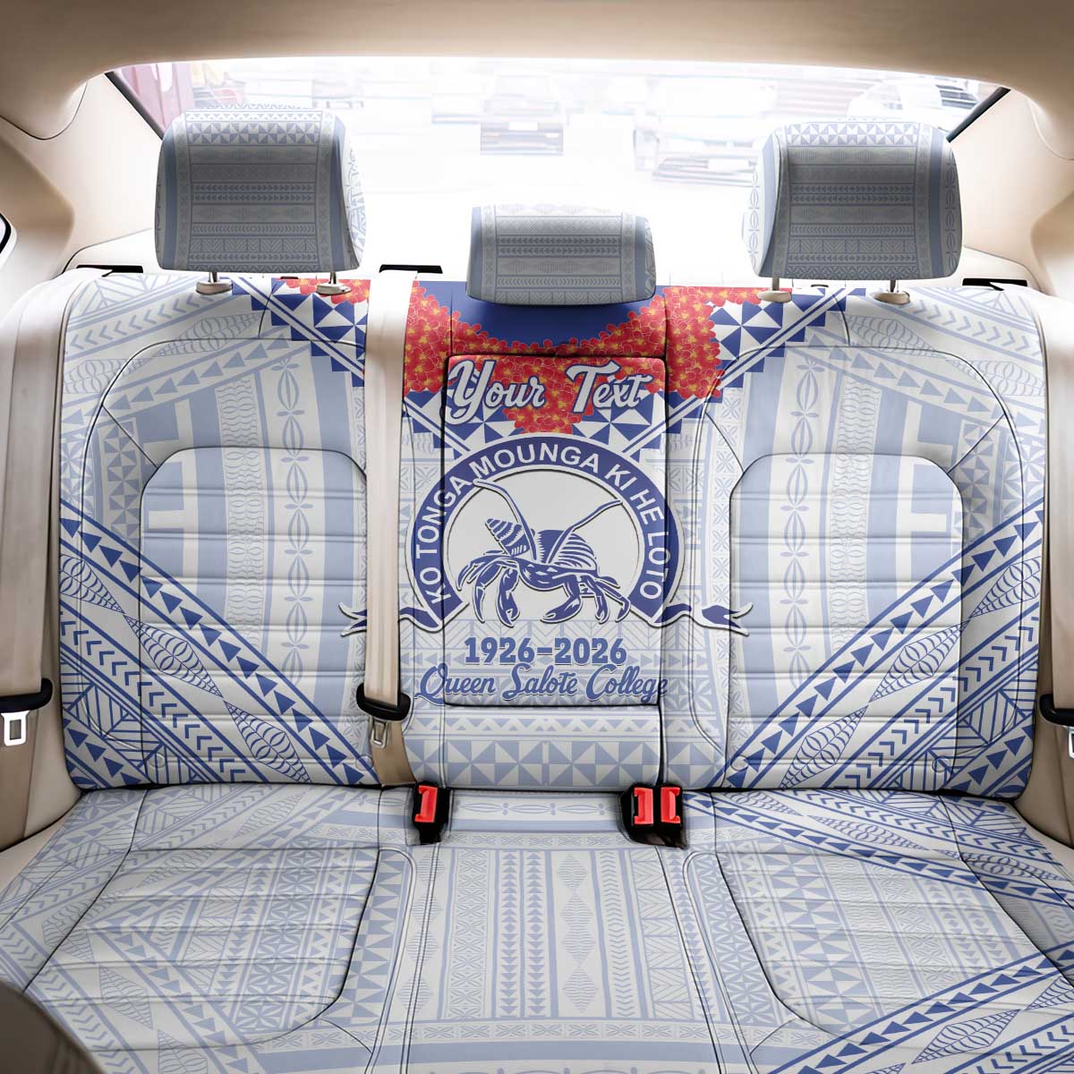 Queen Salote College 100 Years Personalized Back Car Seat Cover Tonga QSC Heilala Lei White Ngatu Pattern