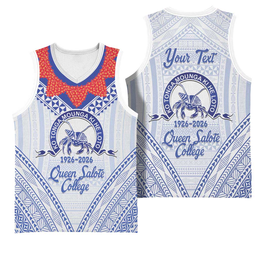 Queen Salote College 100 Years Personalized Basketball Jersey Tonga QSC Heilala Lei White Ngatu Pattern